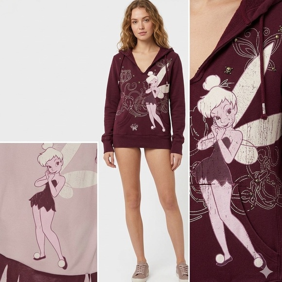 Disney Tops - DISNEYLAND Vintage Tinker bell Hoodie Sweatshirt Skulls Embroidered Purple SMALL